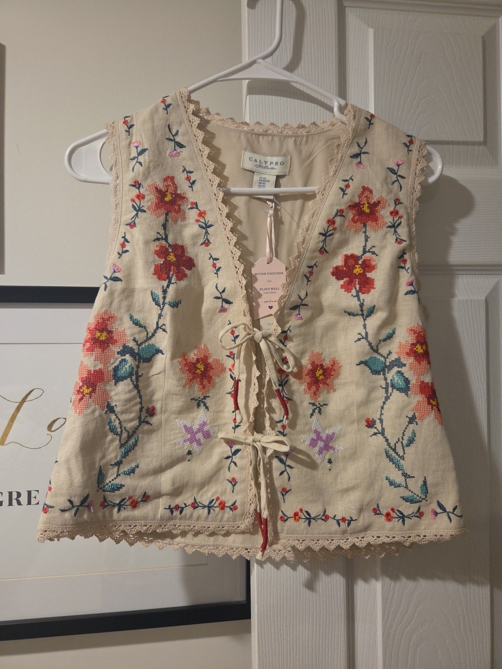 Calypso St. Barth Cream Embroidered Floral Lace-Up Tunic Vest